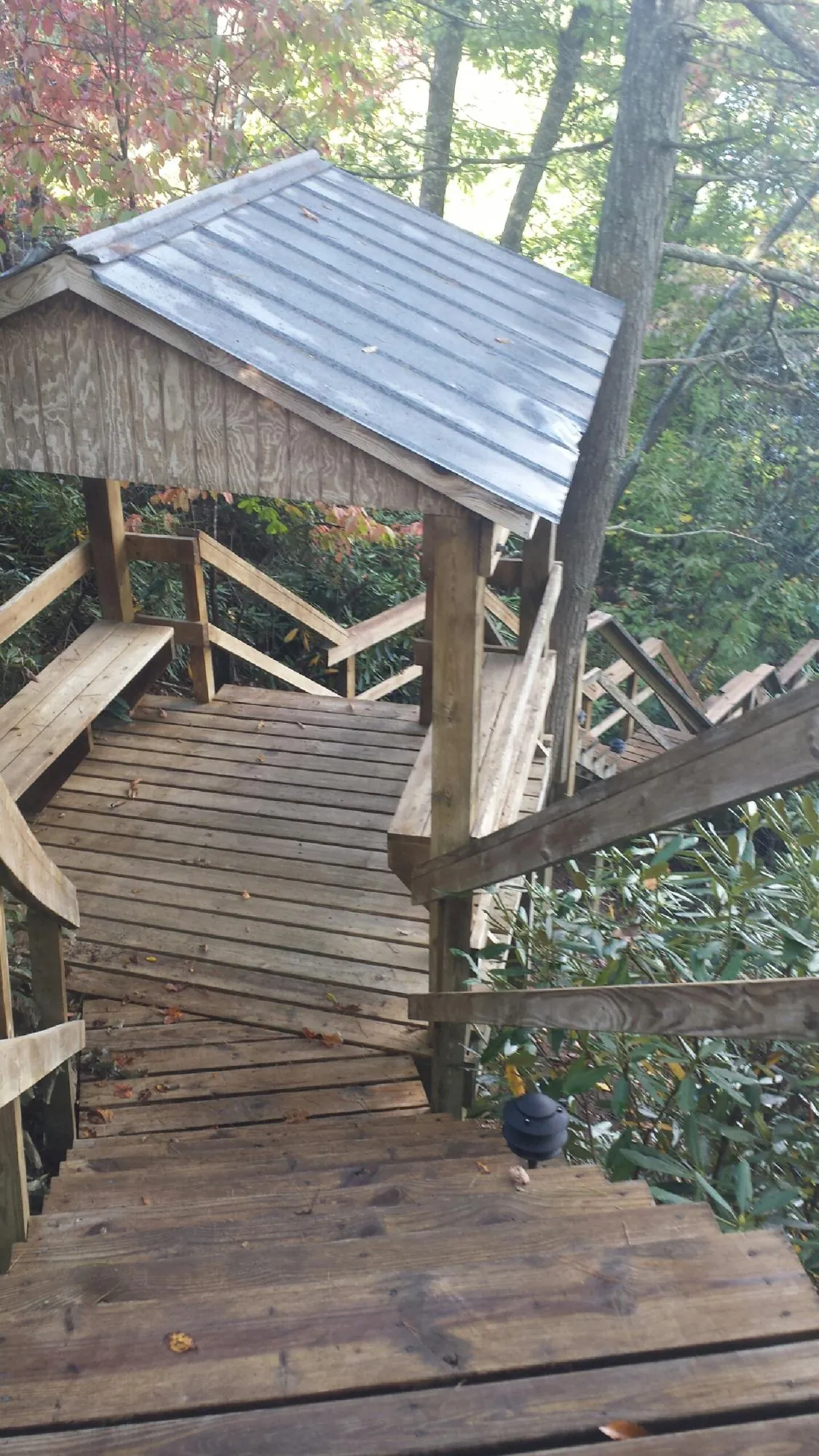 Metal roofed shelter over wooden steps on a wooded walkway — Skylight Repair & Installation work by our crew in Belfield